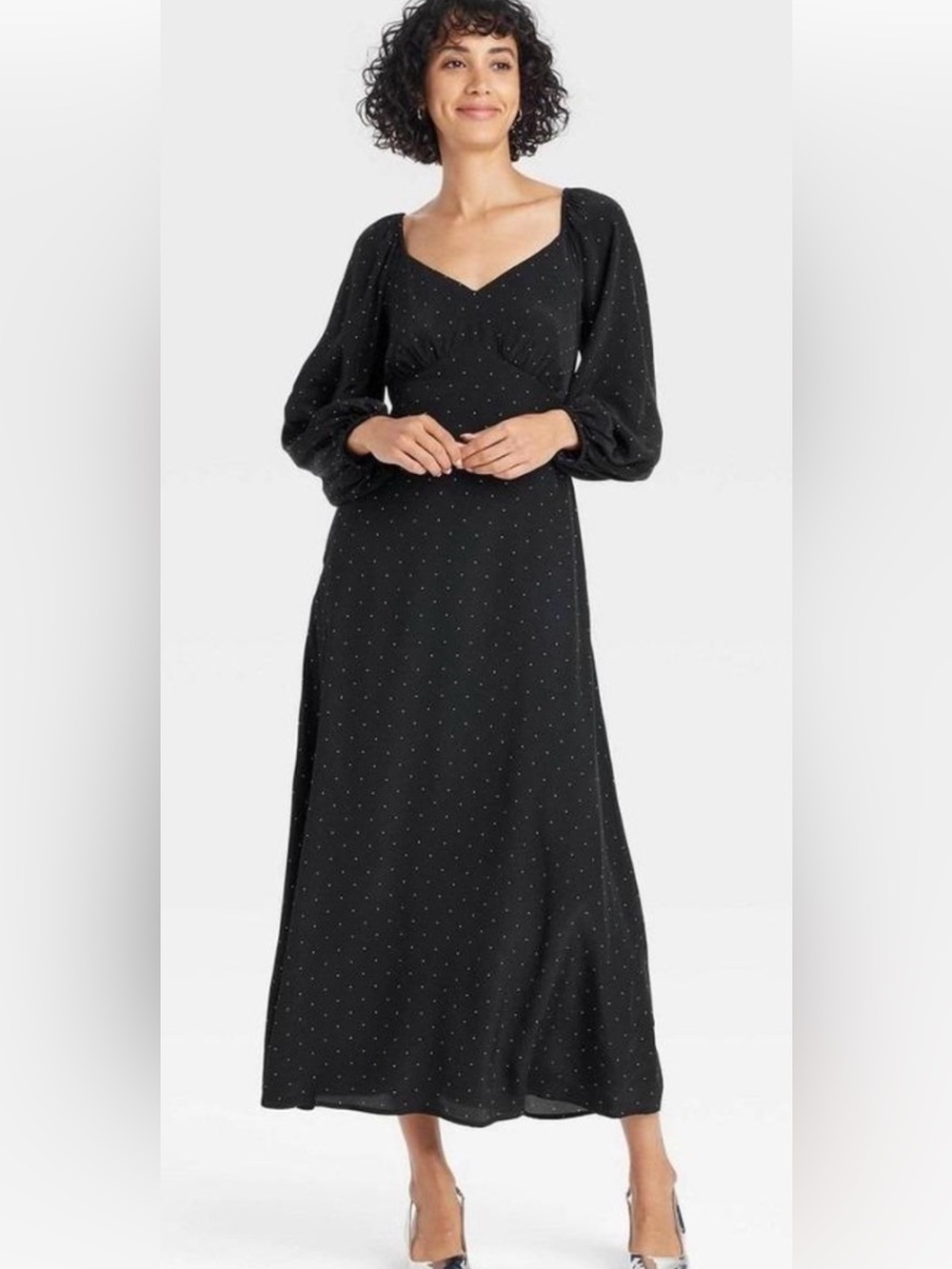 a new day Black Maxi Dress with Puff Sleeves and Dot Print - Picture 1 of 6